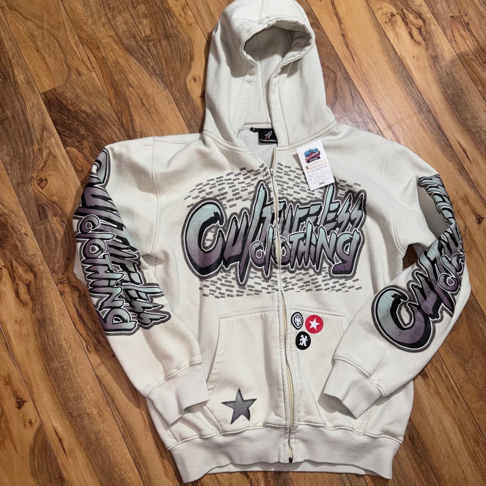 Cultureless Clothing Hoodie Mens Large Cream Full Zip Star Graphic Y2K Urban